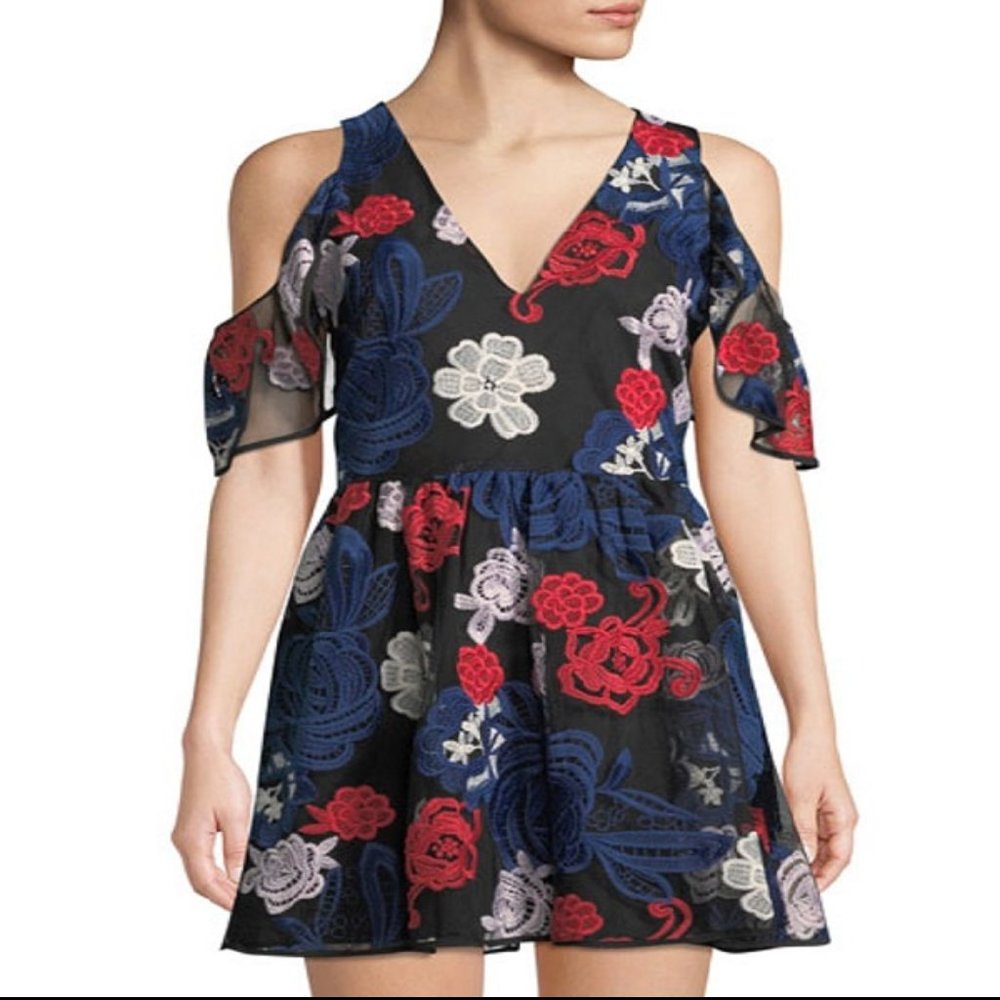 Devlin Kara Cold Shoulder Floral Embroidered Mini Night Out Dress Sz L NWT - Picture 3 of 6